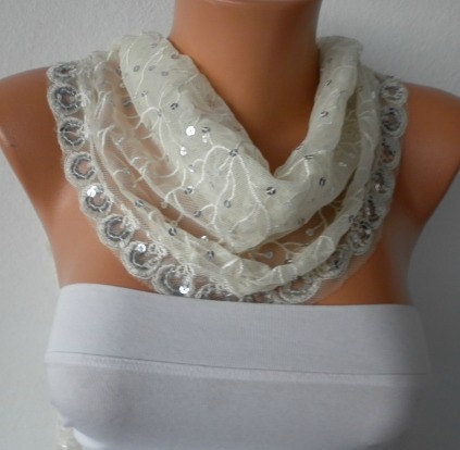 Ecru Lace Sequin  Scarf - Shawl  Cowl Bridesmaid Gifts