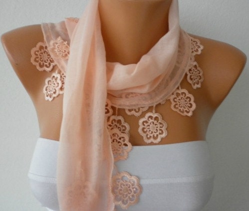 Salmon Scarf - Cotton Scarf - Cowl with Lace Edge -