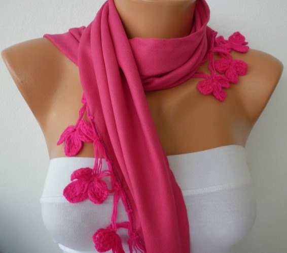 Pashmina  Scarf  - Cotton Scarf - Headband - Cowl with Lace  - Pink