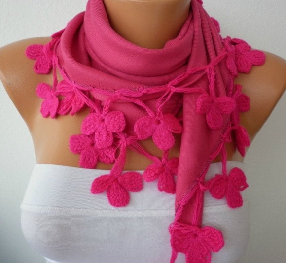 Pashmina  Scarf  - Cotton Scarf - Headband - Cowl with Lace  - Pink