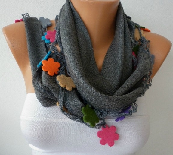 Gray Scarf -  Pashmina  Scarf -  Cowl with Lace Felt Colorful Flower Edge