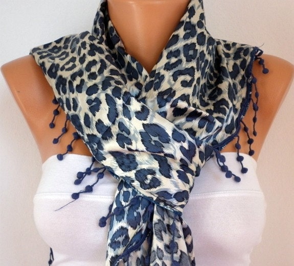 Leopard Women Scarf - Cowl with Lace - Air Force Blue