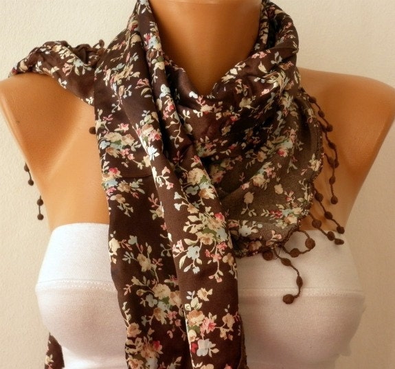 Women Shawl  Scarf -  Cowl with Lace - Brown