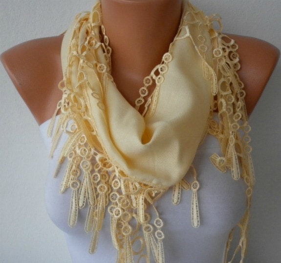 Light Yellow Scarf -  Pashmina Scarf  - Cowl Scarf with Lace Edge - fatwoman