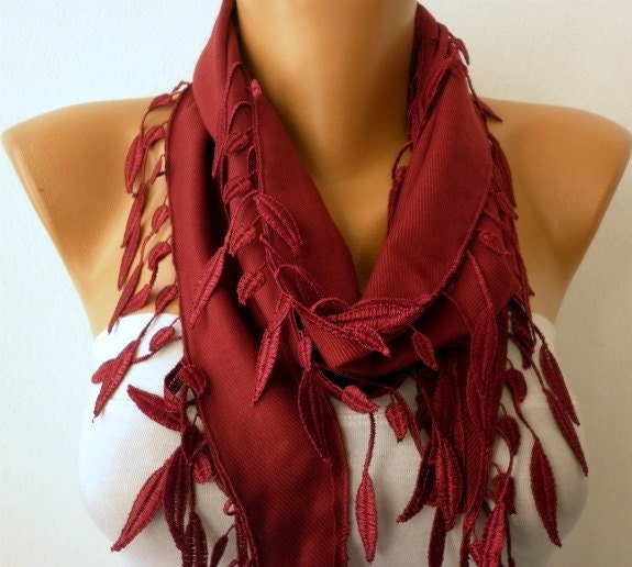 Burgundy Scarf - Pashmina Scarf - Cowl Scarf with Lace Edge - fatwoman