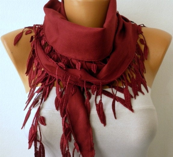 Burgundy Scarf - Pashmina Scarf - Cowl Scarf with Lace Edge - fatwoman