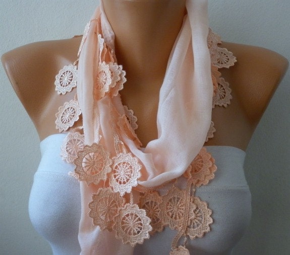 Salmon Scarf  - Cotton  Scarf -  Cowl with Lace Edge   -