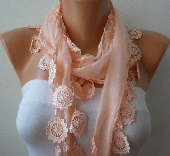 Salmon Scarf  - Cotton  Scarf -  Cowl with Lace Edge   -