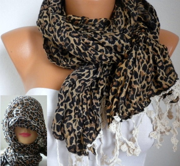 Leopard Scarf - Cotton Scarf -  Cowl with Lace Edge Head cover - Head Scarf  - fatwoman