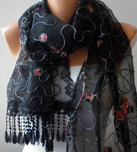 Red Black Scarf -  Cowl with Lace Edge - Butterfly Scarf with Sequin