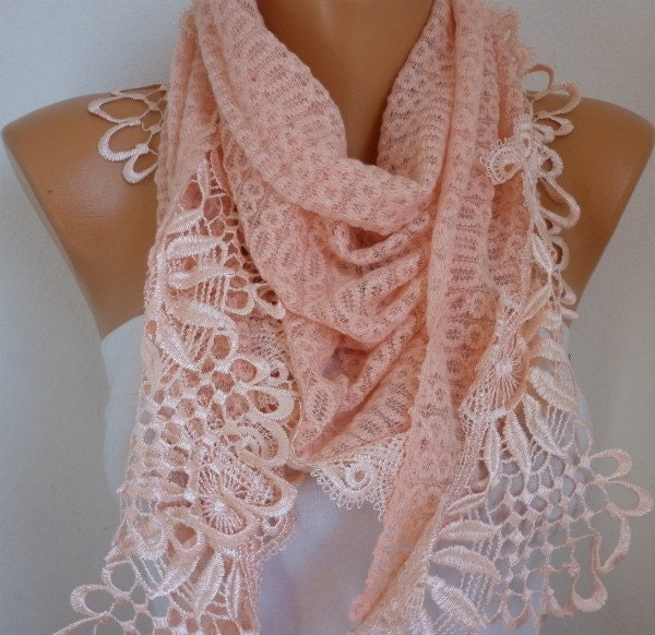 Salmon Scarf  -  Headband Necklace Cowl with Lace Edge