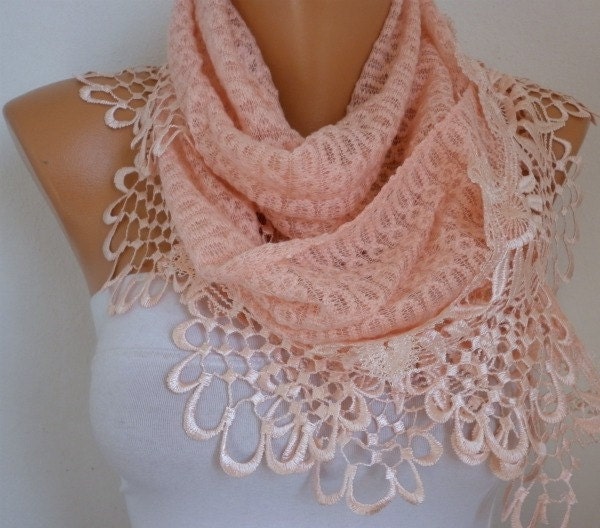 Salmon Scarf  -  Headband Necklace Cowl with Lace Edge