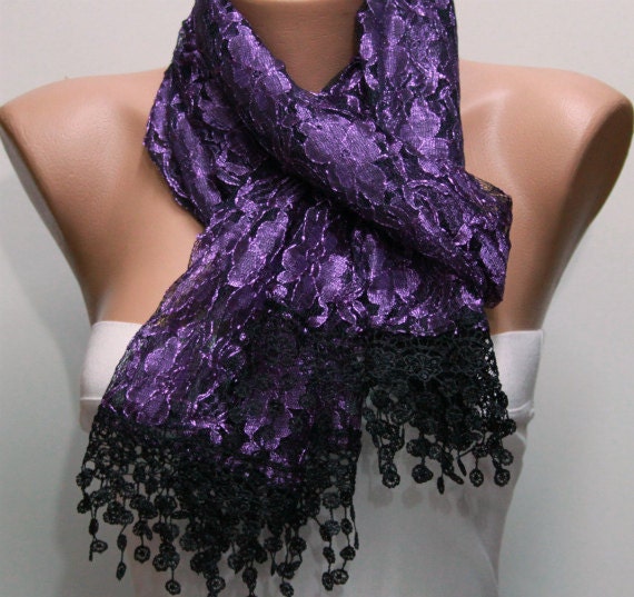 BIG SALE Purple Silvery Scarf - Cowl with Lace Edge by Fatwoman
