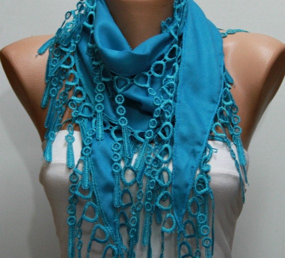 Dodger Blue Scarf - Pashmina Scarf - Headband Necklace Cowl with Lace Edge