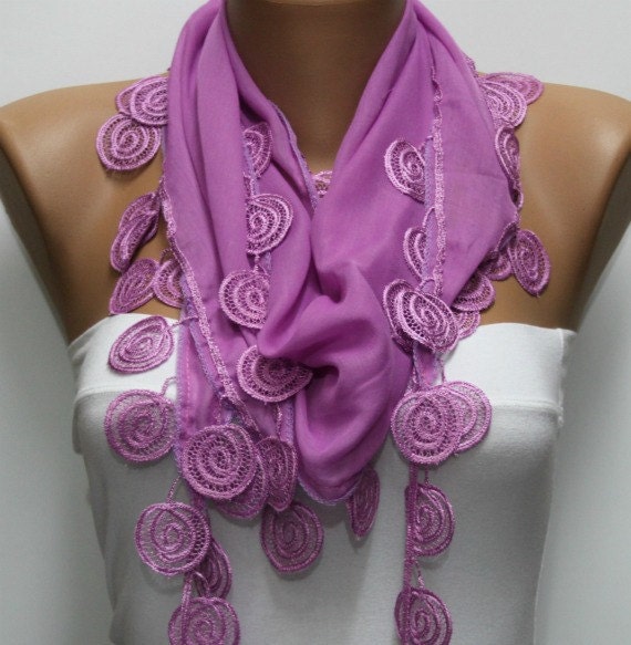 Thulian Pink  Scarf  - Cotton  Scarf -  Cowl with Lace Edge   - fatwoman
