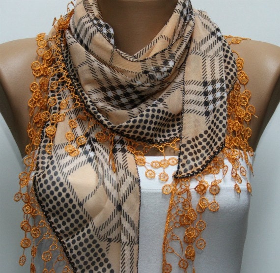 Plaid  Scarf -  Cotton Scarf  Cowl with  Lace Edge