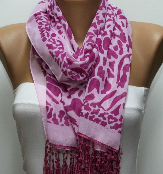 Leopard  Scarf -  Cotton Scarf  Cowl with  Lace Edge