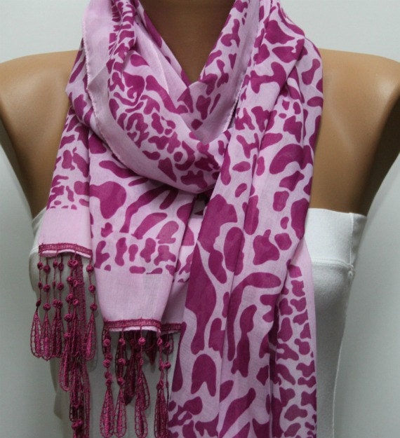 Leopard  Scarf -  Cotton Scarf  Cowl with  Lace Edge