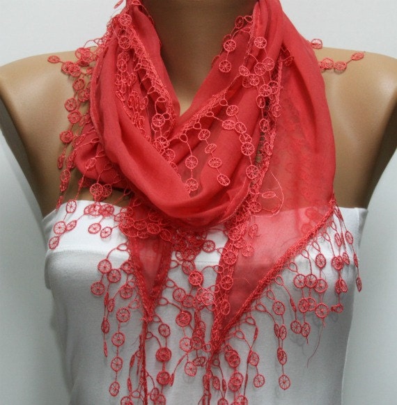 Amaranth Scarf - Cotton Scarf - Cowl Scarf - Shawl with Lace Edge -
