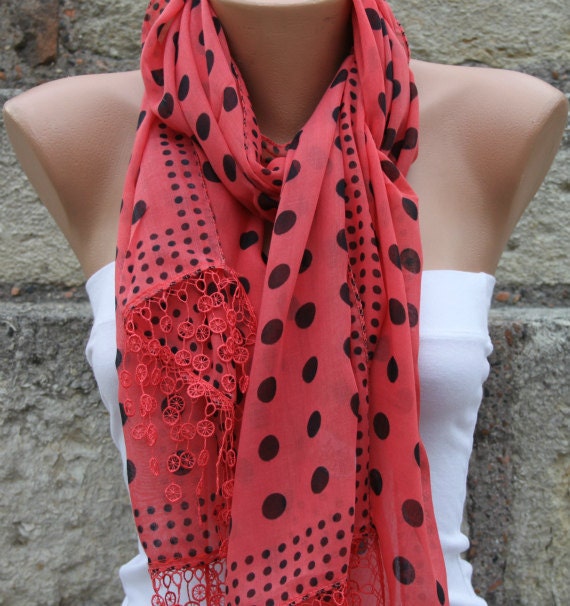 Polka Dot Scarf - Red  Scarf -  Cotton Scarf  Cowl with  Lace Edge - fatwoman