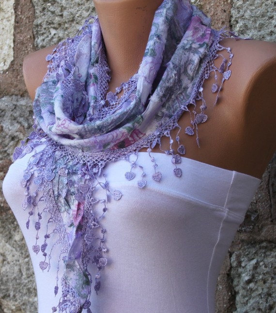 Multicolor Scarf - Cotton Scarf - Cowl with Lace Edge - Lilac - fatwoman - Bridesmaids Gifts
