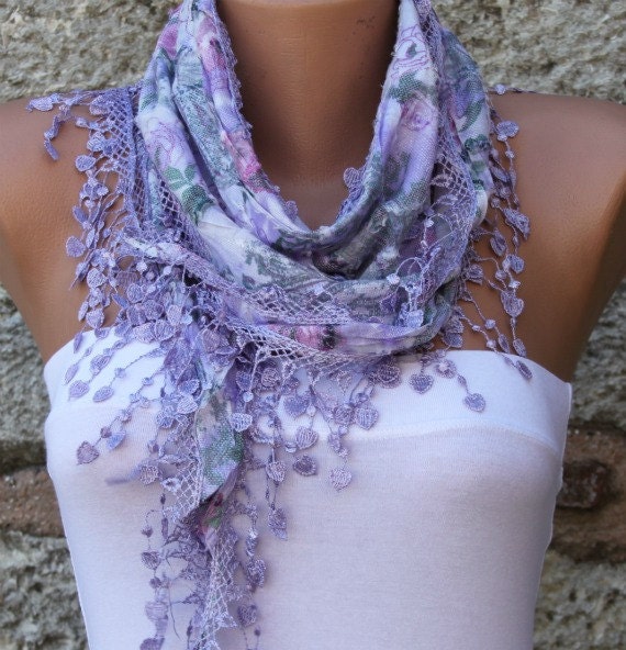 Multicolor Scarf - Cotton Scarf - Cowl with Lace Edge - Lilac - fatwoman - Bridesmaids Gifts