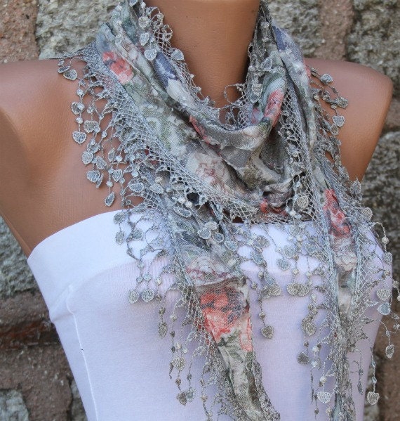 Multicolor Shawl - Cotton Scarf - Cowl with Lace Edge Gray - fatwoman - Bridesmaids Gifts