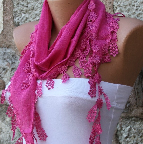 Hot Pink  Scarf  -  Cotton Scarf  -  Cowl with Lace