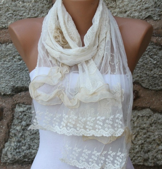 Creamy White Lace Shawl Scarf - Cowl bridesmaid gifts - fatwoman
