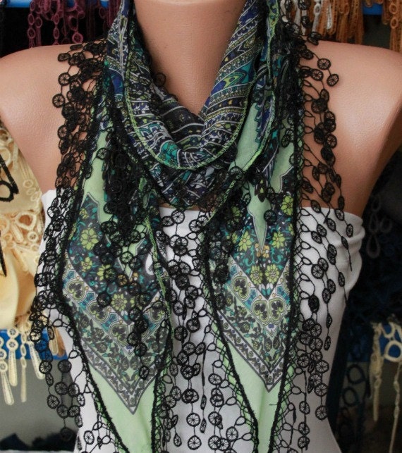 Multicolor Scarf - Cotton Scarf - Cowl with Lace Edge -