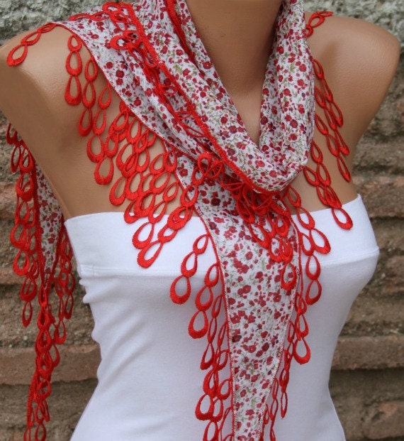 Multicolor Scarf  - Cotton Scarf -  Cowl with Red Lace Edge