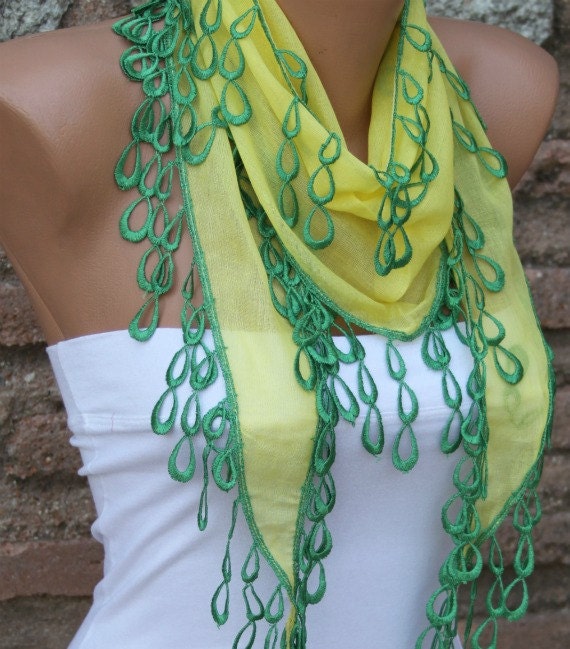 Yellow Scarf - Cotton Scarf - Cowl with Green Lace Edge