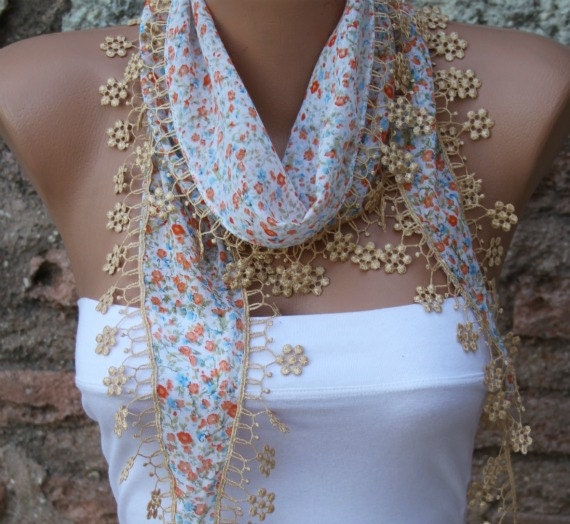 Multicolor Scarf - Cotton Scarf -  Cowl with  Lace Edge