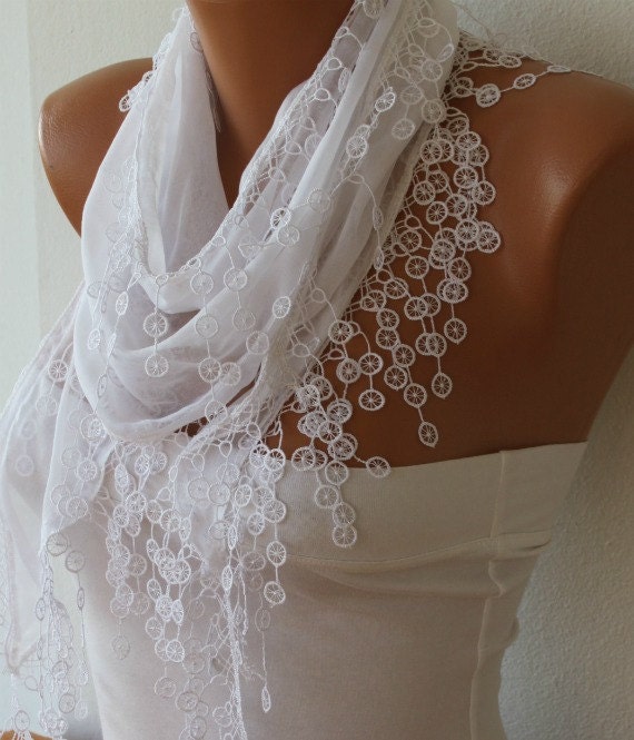 White Scarf Cotton Scarf - Shawl - Cowl Scarf with Lace Edge - White Scarf - fatwoman - Bridesmaids Gifts