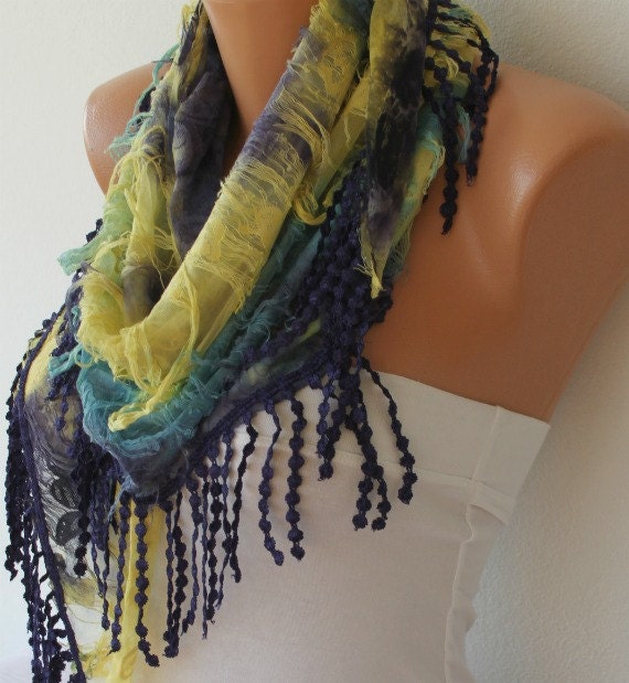 Purple Multicolor Scarf -  Cowl with Lace Edge by Fatwoman
