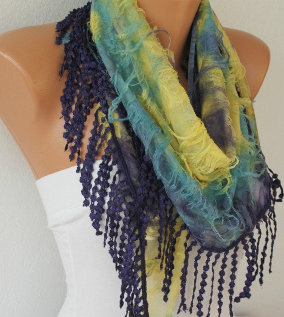 Purple Multicolor Scarf -  Cowl with Lace Edge by Fatwoman