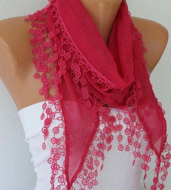 Hot Pink  Scarf  - Cotton  Scarf -  Shawl - Cowl with Lace Edge   - fatwoman