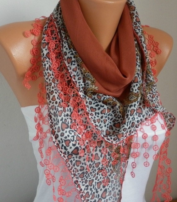 Scarf Shawl - Cotton Weddings Scarves - Cowl with Lace Edge - Burnt Umber