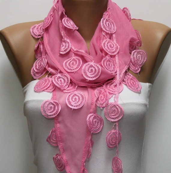 Pink Scarf - Cotton Scarf - Cowl with Lace Edge -
