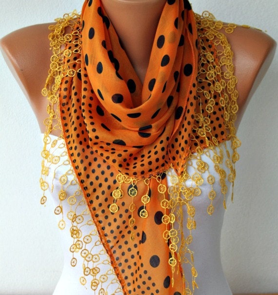 Polka Dot Scarf - Cotton Scarves - Cowl Scarf - Shawl with Lace Edge - Orange - fatwoman