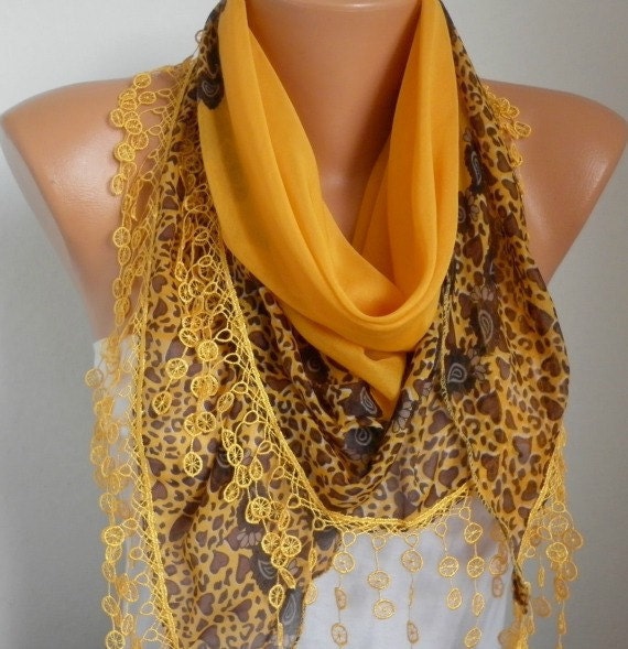 Scarf Shawl  -  Cotton Weddings Scarves -  Cowl  with  Lace Edge - Orange