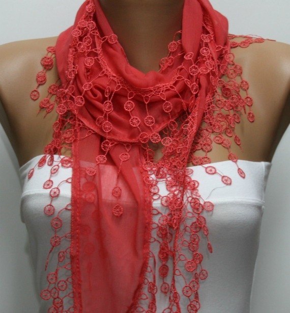 Amaranth Scarf  - Cotton  Scarf - Cowl Scarf - Shawl with Lace Edge   -