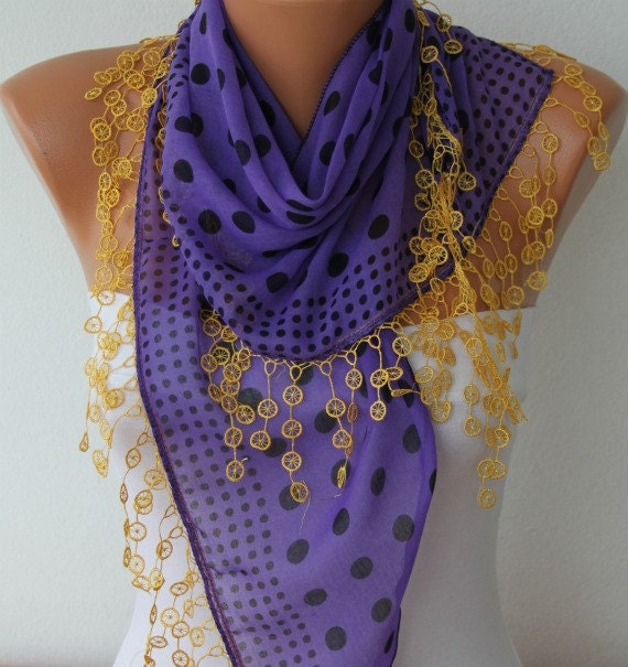 Polka Dot Scarf - Cotton Scarves - Cowl with Lace Edge - Purple - fatwoman