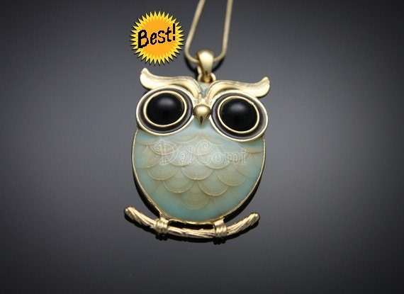 B13-So Cute Black Eyed Mint Owl Pendant Necklace