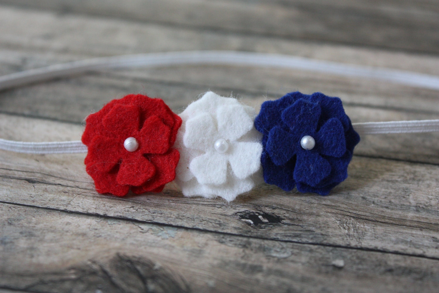 Red, White, and Blue Felt Flower Headband - Bitty Bloom Trio - Newborn Baby to Adult
