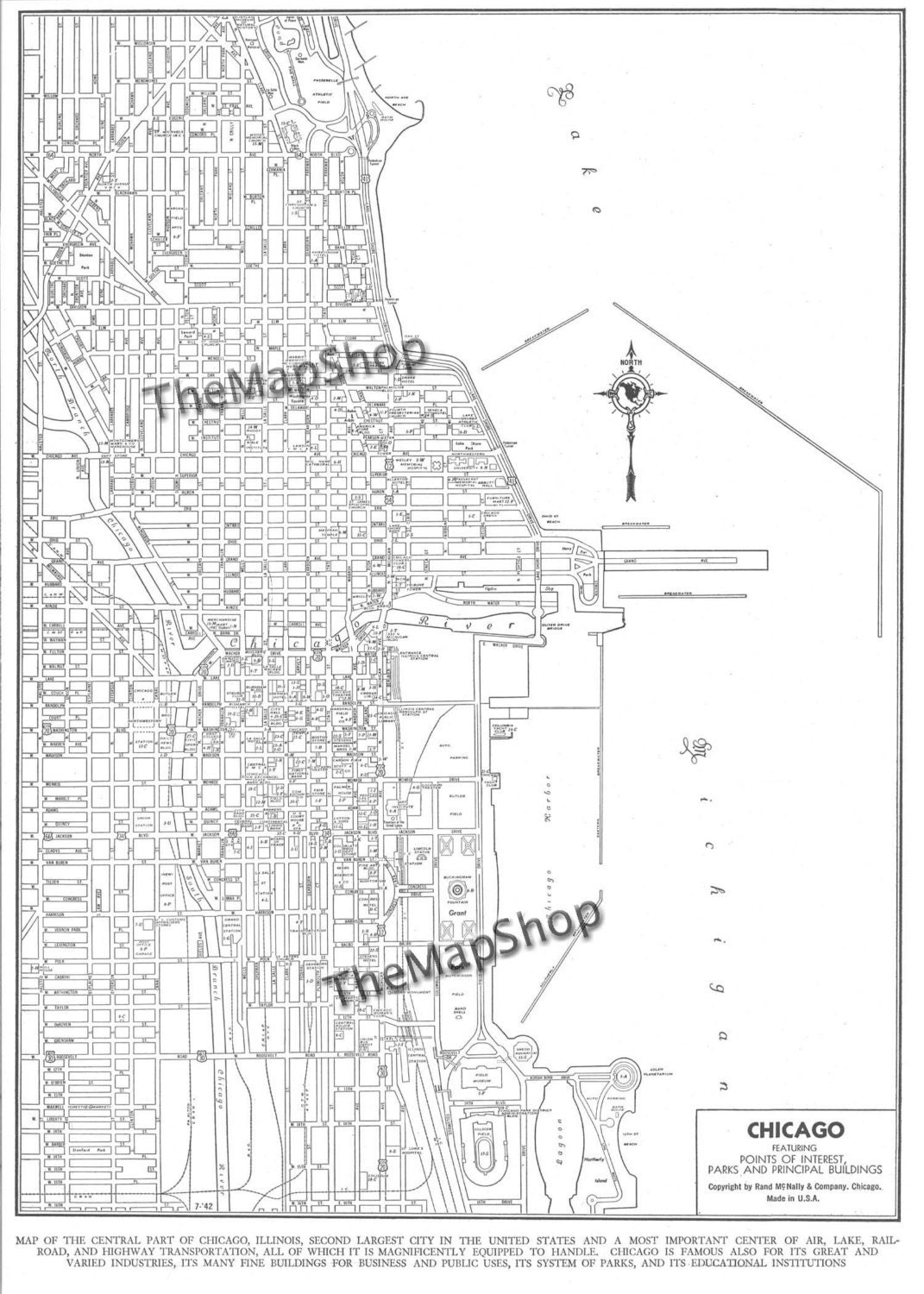 1944 Chicago Street Map Vintage 11x14 Print Poster