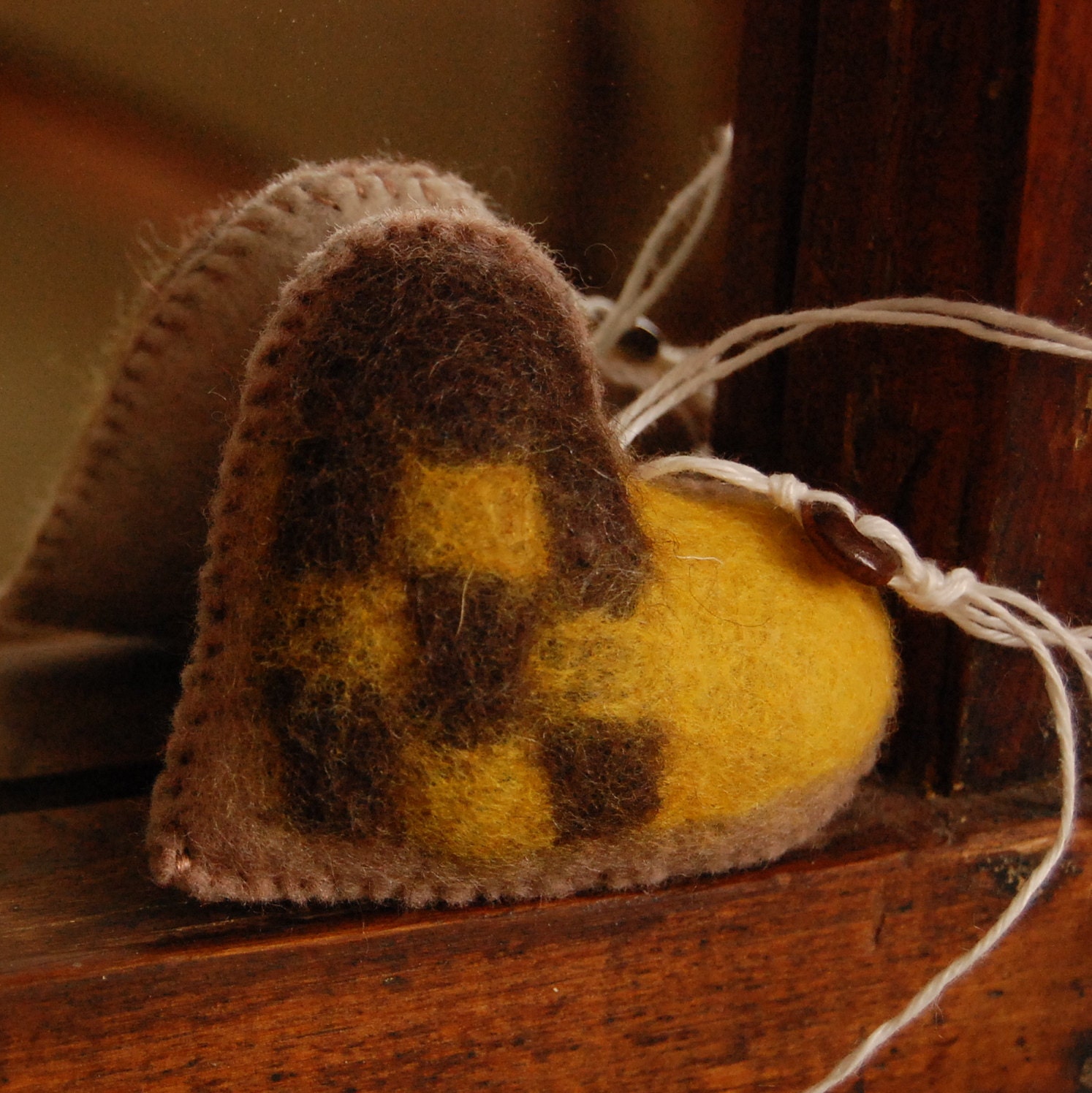 SPECIAL SALE Felt Heart Handmade in Canada Pure Wool Brown Yellow and Beige OOAK