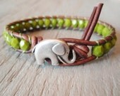 Green leather wrap bracelet, "Baby Elephant", avocado olive green, distressed leather, lucky charm, good luck bracelet, boho chic