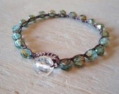 Crochet bracelet - slashKnots Stackers ' Mystic Teal' czech glass crocheted bracelet. iridescent blue green, amber, surfer girl glam
