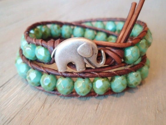 Bohemian leather wrap bracelet - green turquoise, silver, "Rustic Baby Elephant" distressed brown leather, good luck charm, lucky boho chic